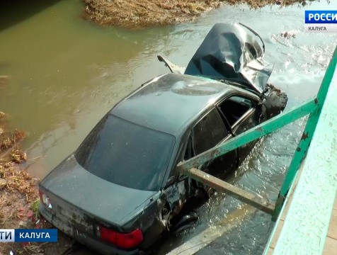 В Жукове легковой автомобиль снёс две опоры уличного освещения и упал с моста